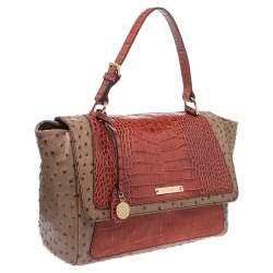 Pre Owned Escada Beige/Antique Rose Ostrich and Crocodile Embossed Leather Flap Top Handle Bag