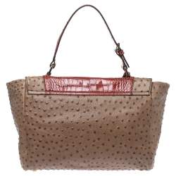 Pre Owned Escada Beige/Antique Rose Ostrich and Crocodile Embossed Leather Flap Top Handle Bag