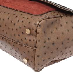 Pre Owned Escada Beige/Antique Rose Ostrich and Crocodile Embossed Leather Flap Top Handle Bag