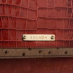 Pre Owned Escada Beige/Antique Rose Ostrich and Crocodile Embossed Leather Flap Top Handle Bag