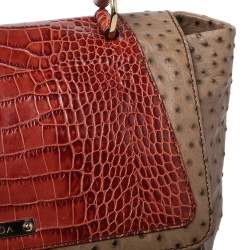 Pre Owned Escada Beige/Antique Rose Ostrich and Crocodile Embossed Leather Flap Top Handle Bag