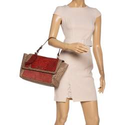 Pre Owned Escada Beige/Antique Rose Ostrich and Crocodile Embossed Leather Flap Top Handle Bag