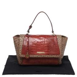 Pre Owned Escada Beige/Antique Rose Ostrich and Crocodile Embossed Leather Flap Top Handle Bag