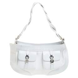 Escada White Leather Double Pocket Braided Handle Hobo