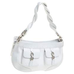 Escada White Leather Double Pocket Braided Handle Hobo
