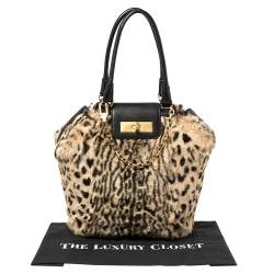Pre Owned Escada Black/Beige Tiger Print Faux Fur and Leather Turnlock Flap Tote
