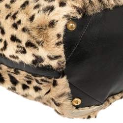 Pre Owned Escada Black/Beige Tiger Print Faux Fur and Leather Turnlock Flap Tote