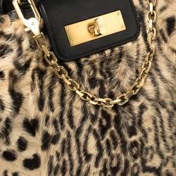 Pre Owned Escada Black/Beige Tiger Print Faux Fur and Leather Turnlock Flap Tote