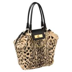 Pre Owned Escada Black/Beige Tiger Print Faux Fur and Leather Turnlock Flap Tote