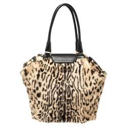 Pre Owned Escada Black/Beige Tiger Print Faux Fur and Leather Turnlock Flap Tote