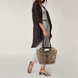Pre Owned Escada Black/Beige Tiger Print Faux Fur and Leather Turnlock Flap Tote