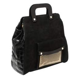 Pre Owned Escada Black Croc Embossed Leather and Suede Convertible Tote