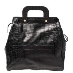 Pre Owned Escada Black Croc Embossed Leather and Suede Convertible Tote