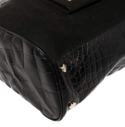 Pre Owned Escada Black Croc Embossed Leather and Suede Convertible Tote