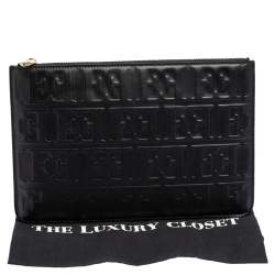 Pre Owned Escada Black Monogram Embossed Leather Top Zip Pouch