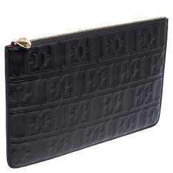 Pre Owned Escada Black Monogram Embossed Leather Top Zip Pouch