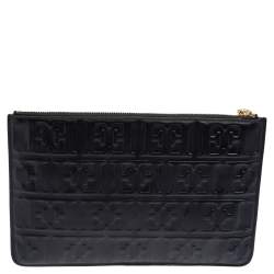 Pre Owned Escada Black Monogram Embossed Leather Top Zip Pouch