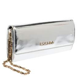Pre Owned Escada Silver Glossy Leather Chain Wristlet Clutch