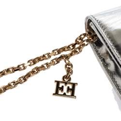 Pre Owned Escada Silver Glossy Leather Chain Wristlet Clutch