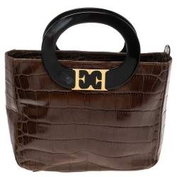 Pre Owned Escada Brown Croc Embossed Leather Tote