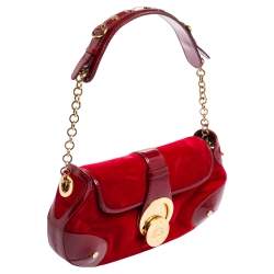 Pre Owned Escada Burgundy Velvet and Patent Leather Shoulder Bag