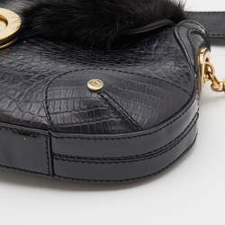 Pre Owned Escada Black Croc Embossed Leather and Mink Fur Ring Flap Shoulder Bag