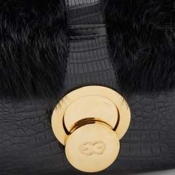 Pre Owned Escada Black Croc Embossed Leather and Mink Fur Ring Flap Shoulder Bag