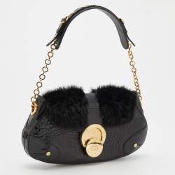 Pre Owned Escada Black Croc Embossed Leather and Mink Fur Ring Flap Shoulder Bag