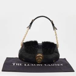 Pre Owned Escada Black Croc Embossed Leather and Mink Fur Ring Flap Shoulder Bag