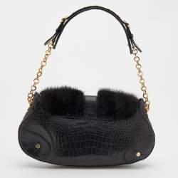 Pre Owned Escada Black Croc Embossed Leather and Mink Fur Ring Flap Shoulder Bag