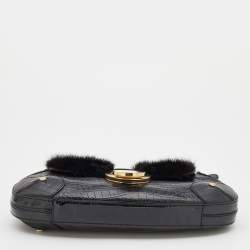 Pre Owned Escada Black Croc Embossed Leather and Mink Fur Ring Flap Shoulder Bag