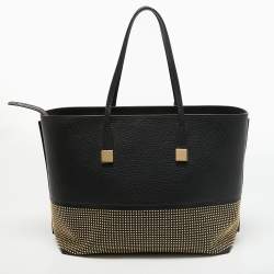 Pre Owned Escada Black Pebbled Leather Studded Zip Shopper Tote
