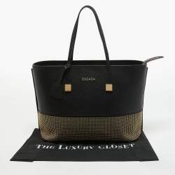 Pre Owned Escada Black Pebbled Leather Studded Zip Shopper Tote