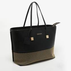 Pre Owned Escada Black Pebbled Leather Studded Zip Shopper Tote