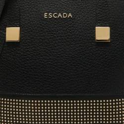 Pre Owned Escada Black Pebbled Leather Studded Zip Shopper Tote