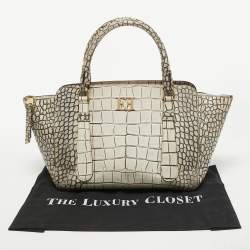 Pre Owned Escada White/Grey Croc Embossed Leather Zip Tote
