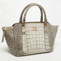 Pre Owned Escada White/Grey Croc Embossed Leather Zip Tote