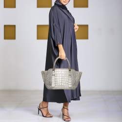 Pre Owned Escada White/Grey Croc Embossed Leather Zip Tote