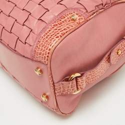 Pre Owned Escada Pink Woven Leather and Croc Embossed Zip Satchel