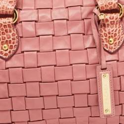 Escada Pink Woven Leather and Croc Embossed Zip Satchel
