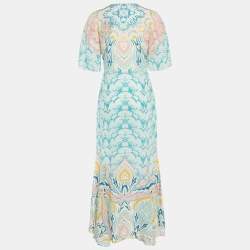 Pre Owned Etro Blue Printed Silk Crepe V-Neck Long Dress M