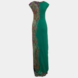 Pre Owned Etro Green Paisley Print Crepe Embellished Maxi Dress S