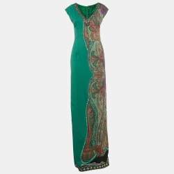 Etro Green Paisley Print Crepe Embellished Maxi Dress S