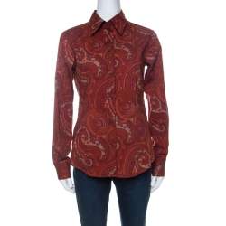 Pre Owned Etro Burnt Orange Paisley Print Cotton Fitted Button Down Shirt M