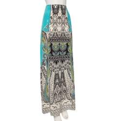 Pre Owned Etro Blue Paisley Printed Silk Crepe De Chine Maxi Skirt S