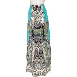 Pre Owned Etro Blue Paisley Printed Silk Crepe De Chine Maxi Skirt S