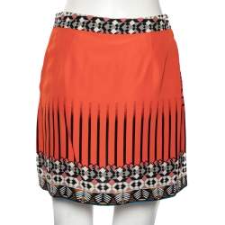 Pre Owned Etro Scarlet Orange Silk Crepe Tribal Print Mini Skirt S