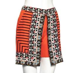 Pre Owned Etro Scarlet Orange Silk Crepe Tribal Print Mini Skirt S