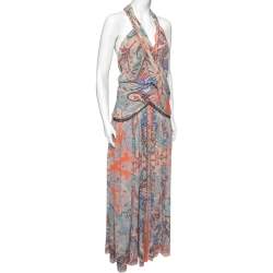 Pre Owned Etro Multicolor Printed Silk Pleated Front Halter Neck Ruffle Maxi Dress S