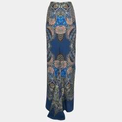 Pre Owned Etro Blue/Multicolor Printed Silk Maxi Skirt M
